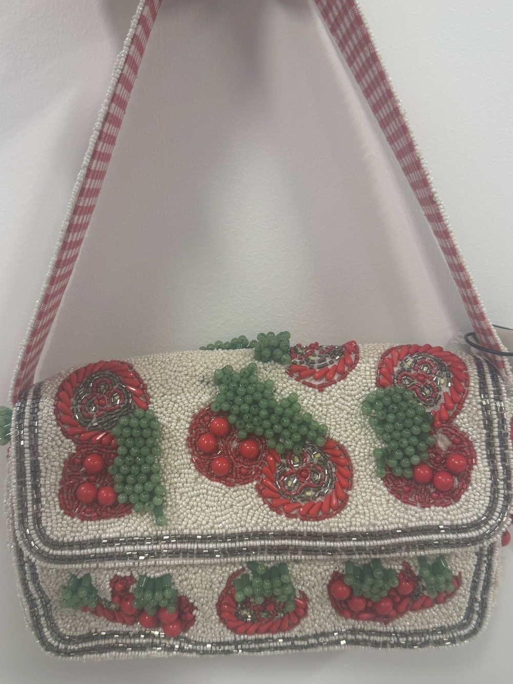 Beaded Cherry Accent Shoulder Bag - White & Red